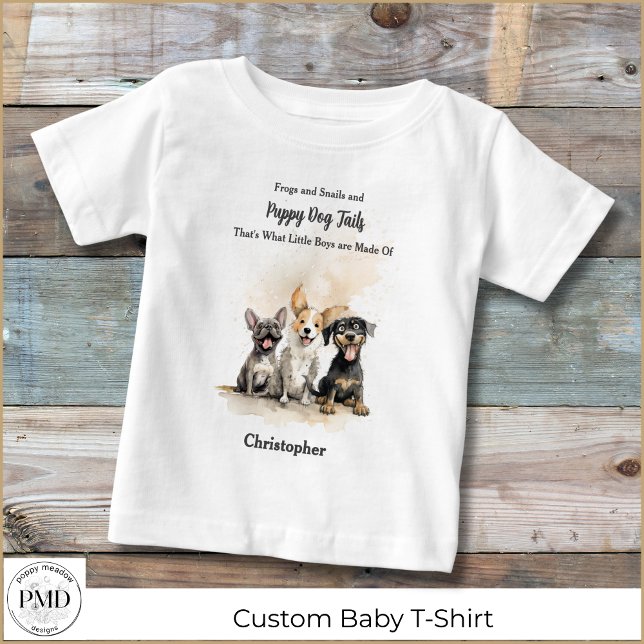 Welpe Hunde Schwänze Rhyme Baby Boy Personalisiert T-shirt (Puppy Dog Tails Nursery Rhyme Baby Boy Personalized T-Shirt, Frogs, Snails, Puppy Dog Tails.)
