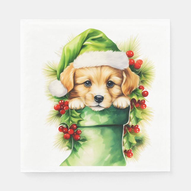 Welpe Hunde Weihnachtsmannmütze Golden Retriever W Serviette (Vorderseite)