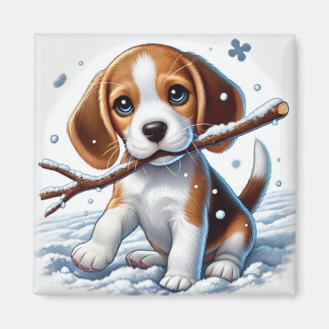 Welpe im Schnee mit einem Stick im Winter spielen Magnet (Vorne)