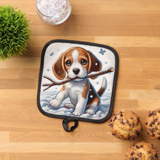 Welpe im Schnee mit einem Stick im Winter spielen Topflappen (Oben Unten)