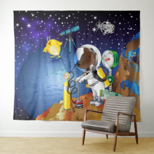 Welpe im Weltraum und Alien mit Teleskop Wandteppich