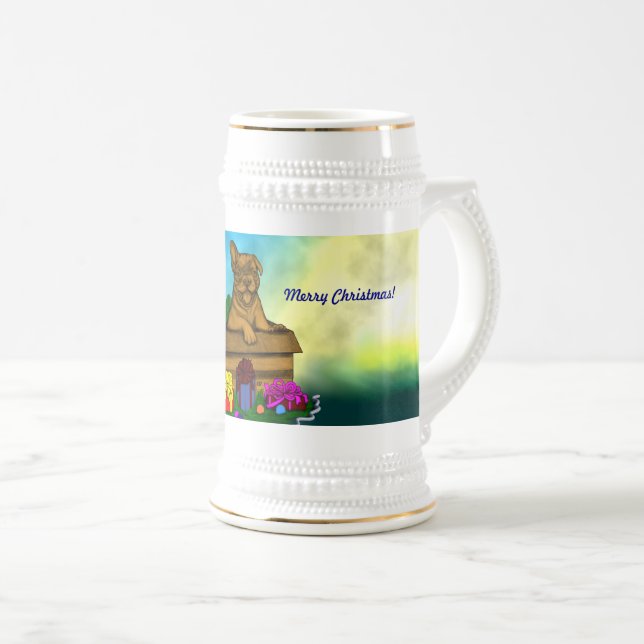Welpe in A Box , frohe Weihnachten Bierglas (VorderseiteRechts)