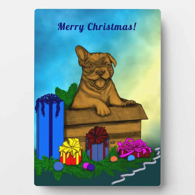 Welpe in A Box , frohe Weihnachten Fotoplatte (Vorderseite)