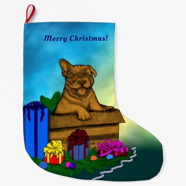 Welpe in A Box , frohe Weihnachten Großer Weihnachtsstrumpf (Vorderseite)