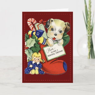 Welpe in Weihnachtsstrumpf - Vintage-Karte Feiertagskarte
