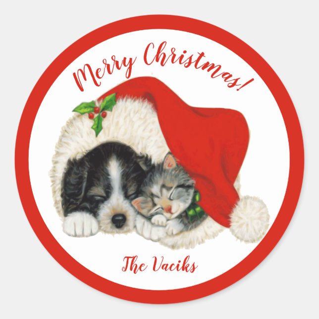Welpe & Kitten Frohe Weihnachts-Round-Stickers Runder Aufkleber (Vorderseite)