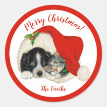 Welpe & Kitten Frohe Weihnachts-Round-Stickers