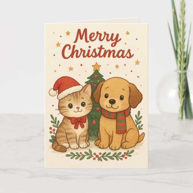 Welpe & Kitten Weihnachtsmann Feiertagskarte (Vorderseite)