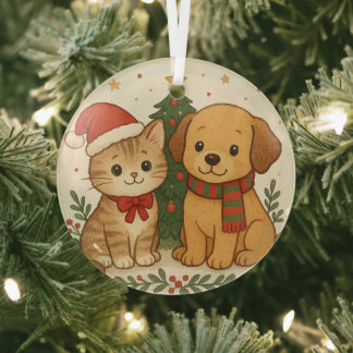Welpe & Kitten Weihnachtsmann Ornament Aus Glas