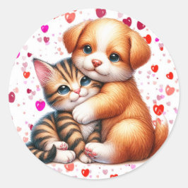 Welpe & Kitty Umarmung Valentinstag Niedlich Runder Aufkleber