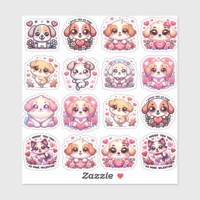 Welpe Liebe: Kawaii Valentine's Day Stickers Aufkleber (Blatt)
