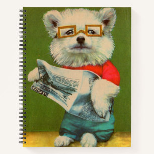 Welpe liest Zeitung Notizbuch