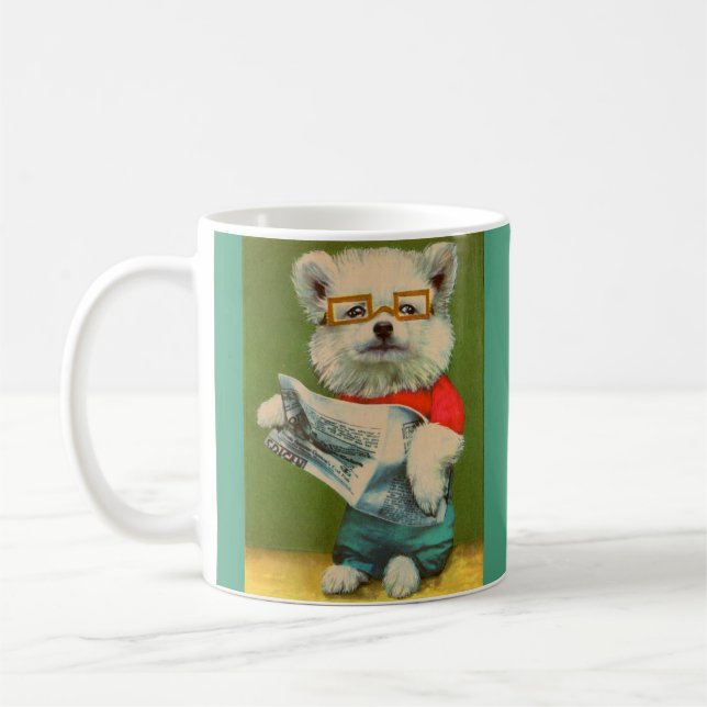 Welpe liest Zeitungsdruck Kaffeetasse (Links)