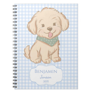 Welpe Malteser Yorkie blau Gingham personalisiert Notizblock
