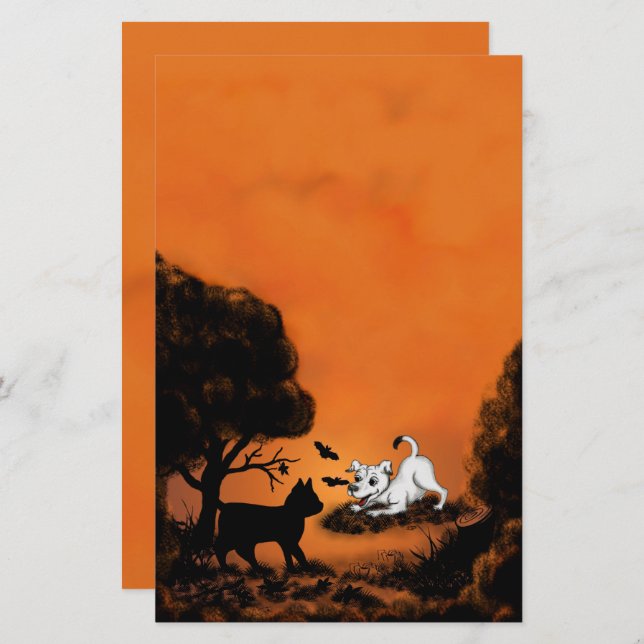 Welpe mit Black Cat and Bat , Happy Halloween! Briefpapier (Vorne/Hinten)