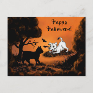 Welpe mit Black Cat and Bat , Happy Halloween! Feiertagspostkarte