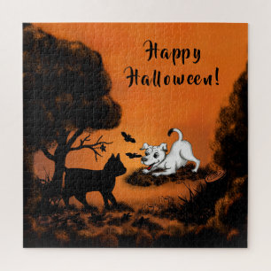 Welpe mit Black Cat and Bat , Happy Halloween! Puzzle