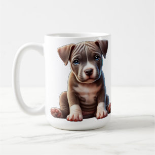 Welpe mit blauen Augen sitzt und sieht unschuldig  Kaffeetasse