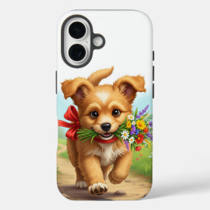 Welpe mit Bogen, die Blume zum Geburtstag bringt iPhone 16 Hülle
