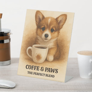 Welpe mit Coffee Cup Aquarellbilder Sockelschild