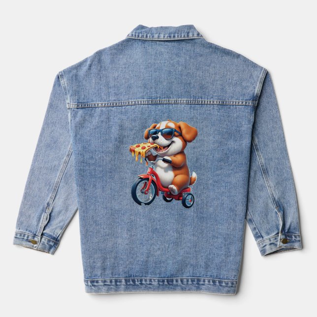 Welpe mit dem Rad Pizza essen Jeansjacke (Rückseite)