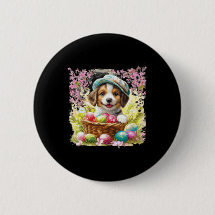Welpe mit einem Korb voller Ostereier; Frohe Oster Button