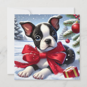 Welpe mit Red Bow in Snowy Christmas Scene