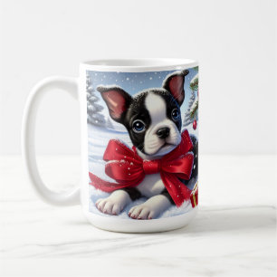 Welpe mit Red Bow in Snowy Christmas Scene Kaffeetasse