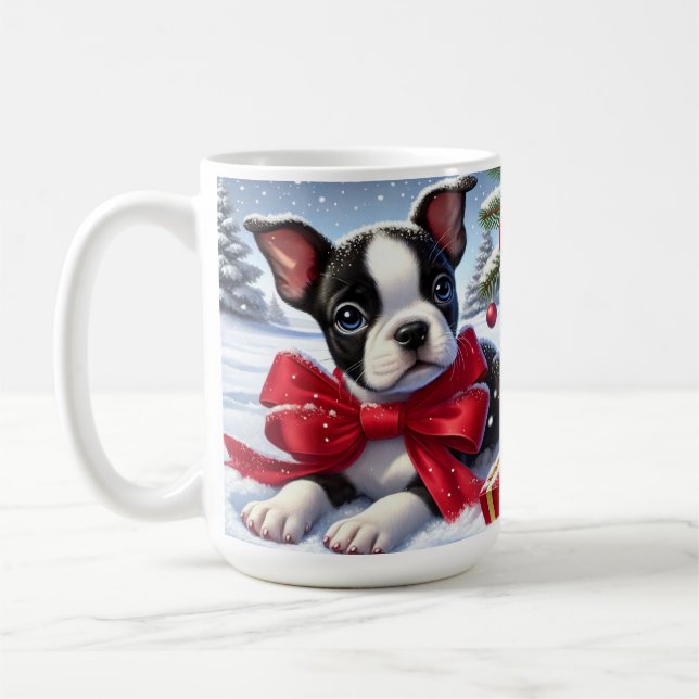 Welpe mit Red Bow in Snowy Christmas Scene Kaffeetasse (Links)