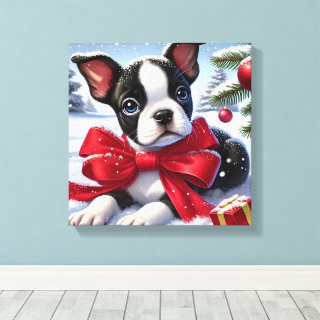 Welpe mit Red Bow in Snowy Christmas Scene Leinwanddruck (Insitu (Holzboden))