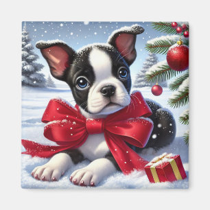 Welpe mit Red Bow in Snowy Christmas Scene Magnet