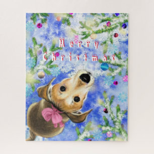 Welpe mit rosa Band - Frohe Weihnachten - Puzzle