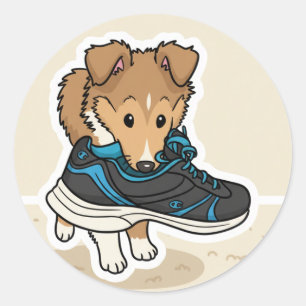 Welpe mit Schuh Runder Aufkleber