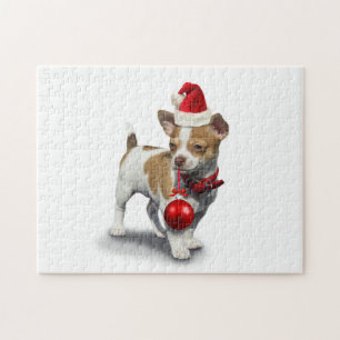 Welpe mit Weihnachtsmütze und Ball Puzzle