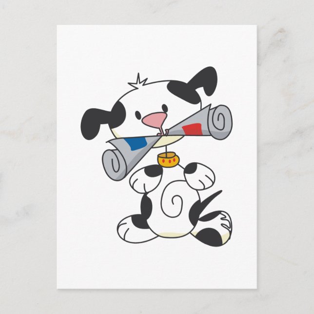 Welpe mit Zeitungsgeschenken und T - Shirt Postkarte (Vorderseite)