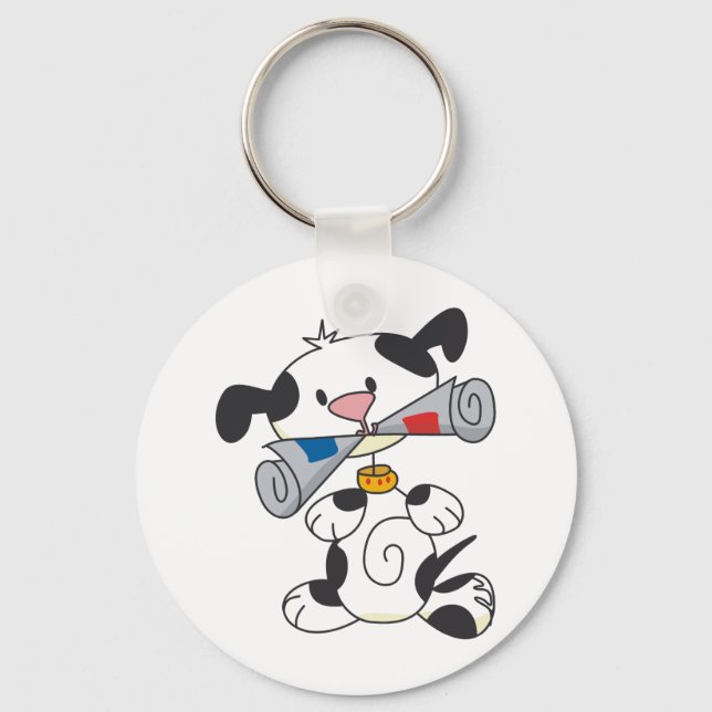 Welpe mit Zeitungsgeschenken und T - Shirt Schlüsselanhänger (Vorderseite)