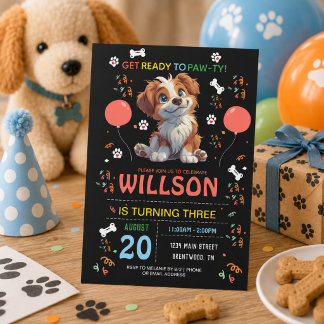 Welpe Party Geburtstag | Niedliches Kinderhundethe Einladung