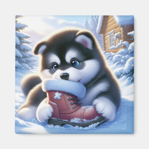 Welpe spielt mit einem schneebedeckten Winterstief Magnet