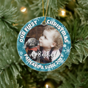Welpe und Baby's 1. Weihnachts-Foto Blue Snow Keramik Ornament