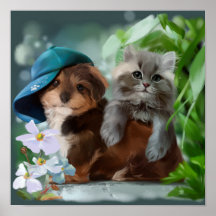 Welpe und graues Kätzchen