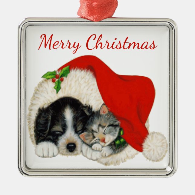Welpe und Kitten Weihnachtsdekoration Silbernes Ornament (Vorne)