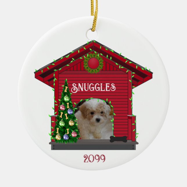 Welpe Upload Foto Decorated Dog House Weihnachten Keramik Ornament (Vorne)