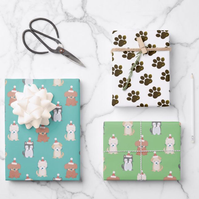 Welpe Weihnachtsmannmütze Blauer Weihnachtsfeierta Geschenkpapier Set (Vorderseite)