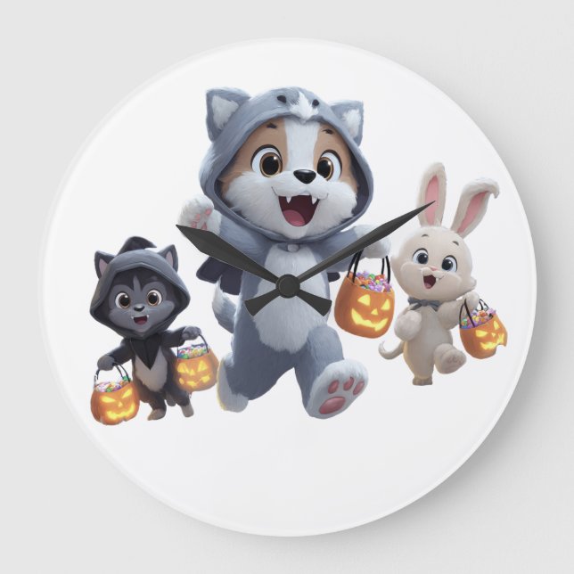 Welpe Werewolf und Freunde Trick-or-Treating Große Wanduhr (Vorderseite)