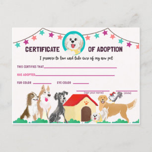 Welpen Adoption Certificate für eine Pet Einladung