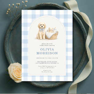 Welpen Blau Gingham Jungen Baby-Party Einladung