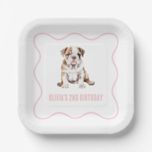 Welpen-Bulldogge-preppy-rosa-Karohosen-Geburtstag Pappteller