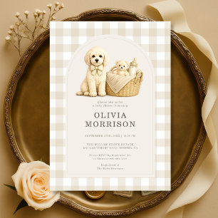 Welpen-Hunde-Neutral-Beige-Gingham-Baby-Shower Einladung