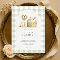 Welpen-Hunde-Sagegrün-Gingham-Baby-Party
