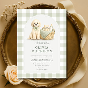 Welpen-Hunde-Sagegrün-Gingham-Baby-Party Einladung